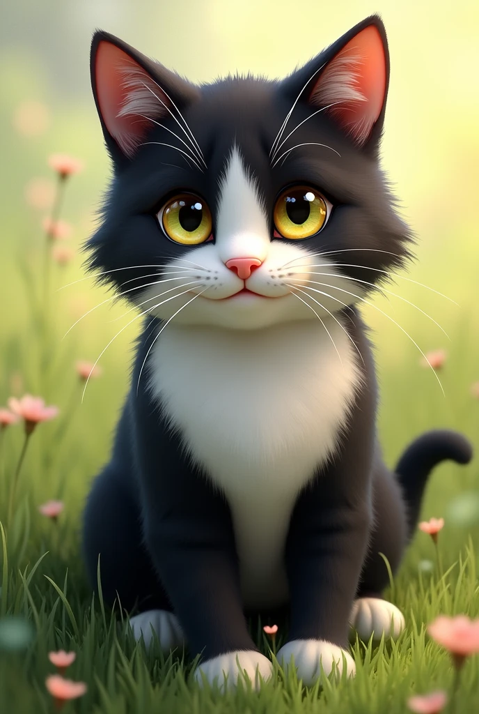 A black and white tuxedo cat. Description of the cat- Head: its head should be mostly black but there should be a slanted triangle mark (small but not too small) on the nose and from the chin it should be white. Also make it have less hair from the ears to eyes. On the left side of forehead; there’s two whiskers. Also long whiskers for the cats cheeks! Its eyes are a golden yellow, with a green undertone.
Body- white chest, not too much white, and fluffy tail but still not too big and white back legs up till the ankle, and only the toes of the front legs are white. Background- a happy meadow which isn’t too bright.