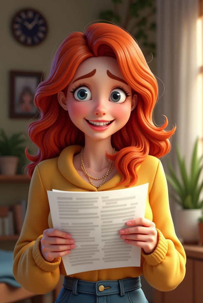 Happy red haired woman looking at a bill to pay