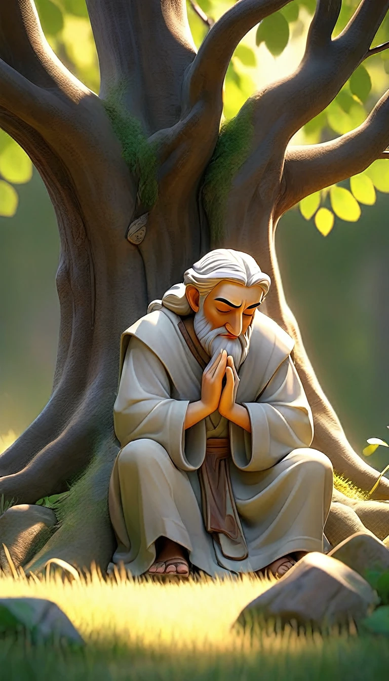 Sob a serene glass, on a peaceful day, a wise man kneels, in voracious prayer. Bible in hands, words of light, seek the comfort that faith always translates. The shadow of the tree, shelter and refreshment, a sacred encounter, an ethereal moment. With eyes closed and heart open, pray with fervor, look for the right path. Every leaf that falls, a divine whisper, guiding your words, showing the destination. On sacred ground, your soul surrenders, to God omnipresent, his life he extends. under the tree, symbol of life and shelter, a man and his faith, in an old dialogue. kneeling in prayer, her strength she renews.