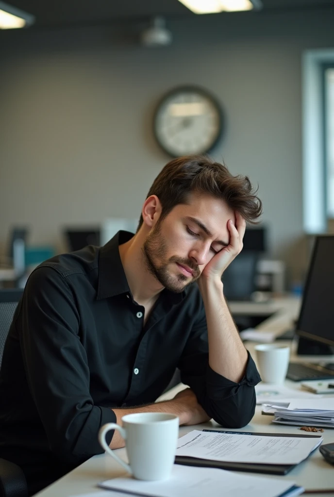 "A realistic office scene showing a young man in his late 20s, with short, dark hair and a light stubble, dressed in a black button-up shirt. The man is sitting at his desk, resting his head on his hand with his eyes closed, appearing exhausted and asleep during work hours. The desk is cluttered with papers, documents, and a few empty coffee mugs, indicating a long and tiring day. The background shows a typical modern office setting with muted colors, cubicles, computers, and a wall clock displaying late afternoon hours. The lighting is natural, with soft overhead lights casting a calm and quiet atmosphere in the office."