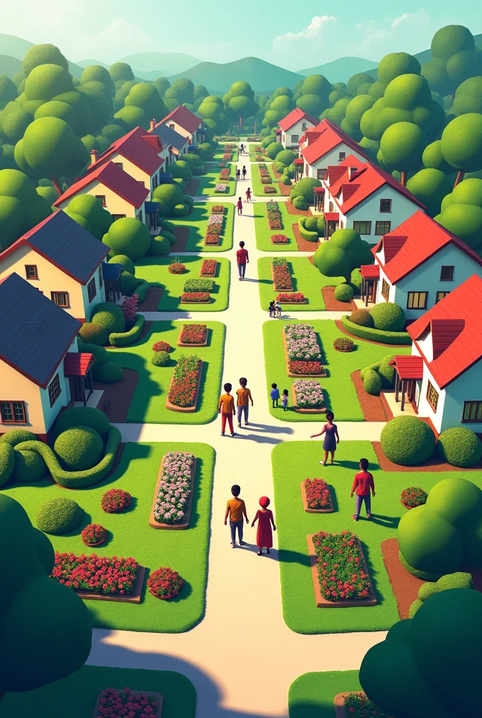 create a landscape of good and clean community, has peoples, houses, trees, bushes, and flowers.