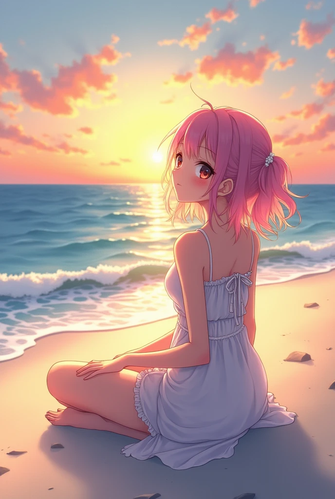 Anime girl on the beach watching the sun