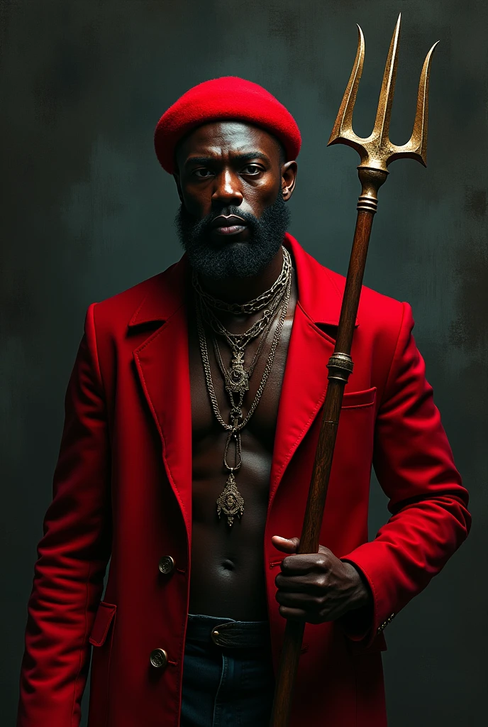 create black man, with a thin beard to shave, wearing a hat, wearing a red overcoat, Wearing necklaces, showing the whole body, with dark background in the texture of stones holding a trident