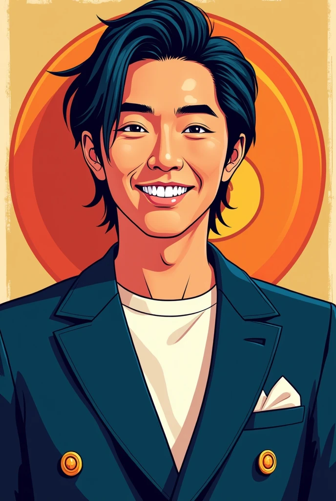 (masterpiece, Highest quality:1.1),Pop Art,Flat Color, Man in Black, A man wearing a navy blue double-breasted jacket,The jacket is buttoned,Her hair is semi-long and center-parted.,Bitcoin background, Dynamic Angle,35-year-old male,Japanese men,A white T-shirt underneath the jacket,smile,White teeth visible,The head is placed within the frame,Hairstyle is two blocks,White pocket square,The jacket buttons are brown,