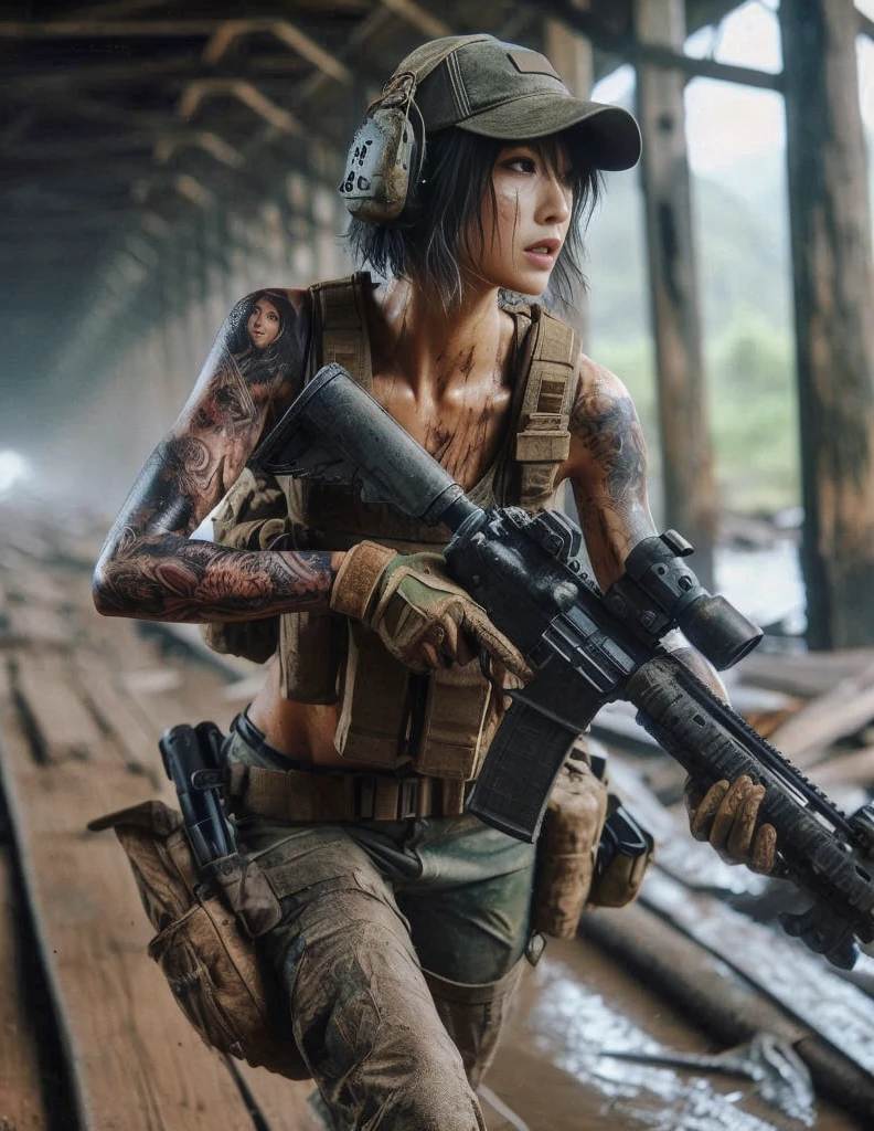 8k,Realistic Photo、Realistic Skin Texture、Superrealism、Japanese women in the U.S. military、Tattoo、Under the old bridge、Waste、Automatic rifle、Heavy equipment、after the rain、Covered in scars、It is dirty、muscle、The background is out of focus、Run while avoiding gunfire、Bullets at your feet、Desperate look、Scream、Dramatic Images、Sprinting Fierce Battle、Ace、Flying bullets