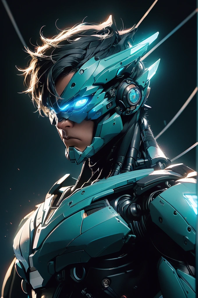 Intelligent bionic robot、A man with a strong expression、Cyborg robot parts、cable electric wireicrochipright studio、(hyperrealism、high details、intricate details、Fine light, Rendering with high octane、portrait), neon blue lighting, Unreal Engine 5 Renderechanical Public Enemy Style、8k、top quality、masterpiece、low iso、white balance、High-key lighting、Shallow depth of field creates a soft and elegant feel..,Super high resolution,muscular, cyberpunk,black hair, Mechanism body, Blue sphere on the body, Showing the upper body
