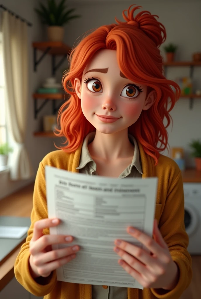 Happy red haired woman looking at a bill to pay