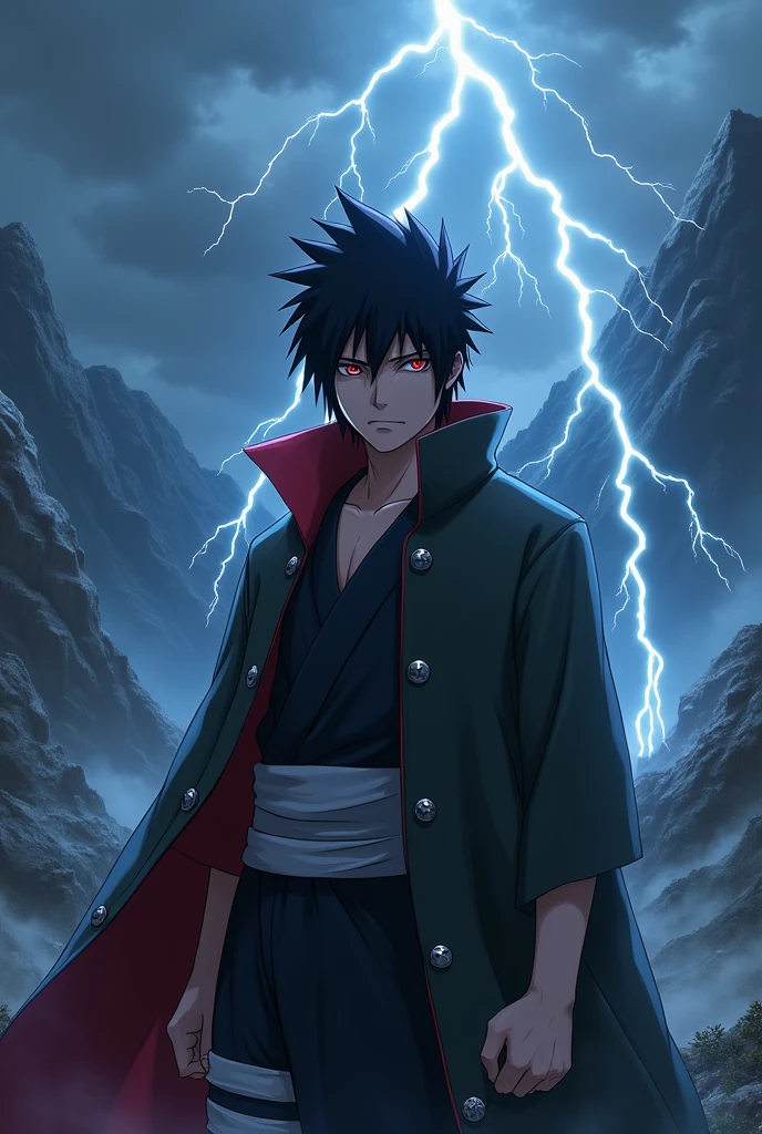 uchiha Sasuke, lightning effect, luxury, sky dark, mountain background, RAW, detailed