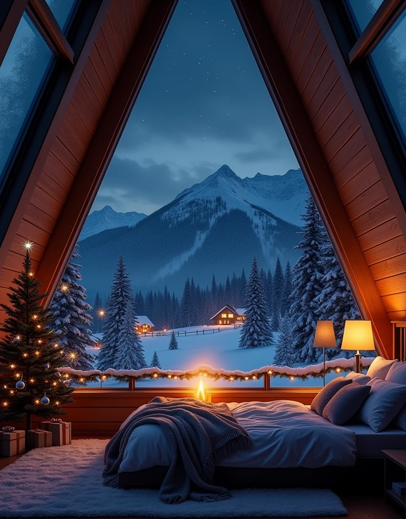   sky dark night .In night christmas. A bedroom in a wooden house made of glass triangular with a fireplace .overlooking outside the white snow in the mountain forest.In the distance, a few small houses lit up with Christmas lights in the forest
