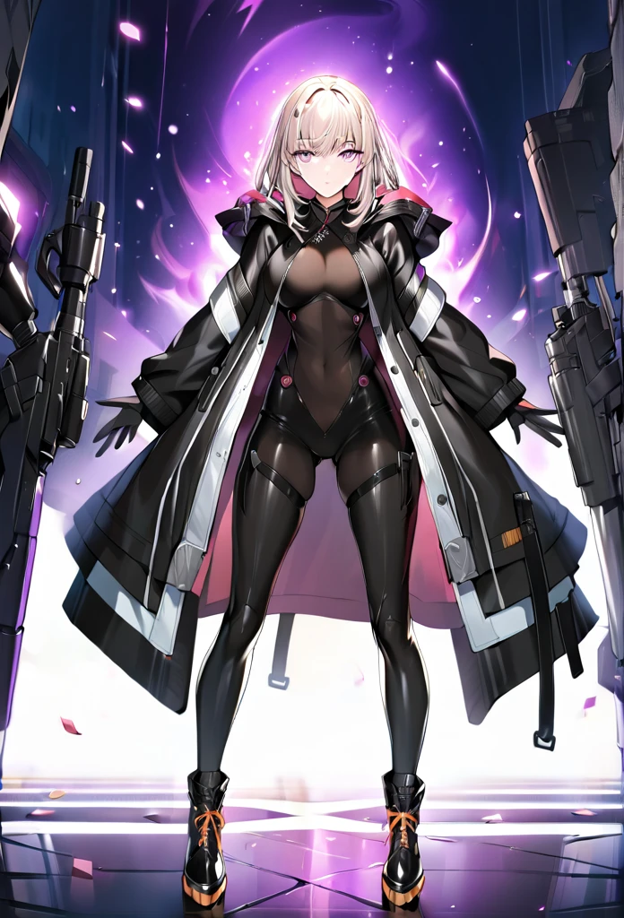 absurdres, exquisite, hood, jacket, ((body suit)), black clothes, black wear, weapon,(((purple eyes))), masterpiece, (((clear eyes, light eyes))), breasts, gleaming skin, oil skin, shiny skin, black pantyhose, black tights, High quality, hyper detailed, high detail, shiny eyes, (((beautiful eyes))), (((detailed eyes))), (((beautiful face))), (((detailed face))), 1girl, solo, Expressive and Captivating Eyes, long shot, wide shot, hide arms, (((open jacket))), (((open collar))), reaching hand,long boots,looking another,close mouth