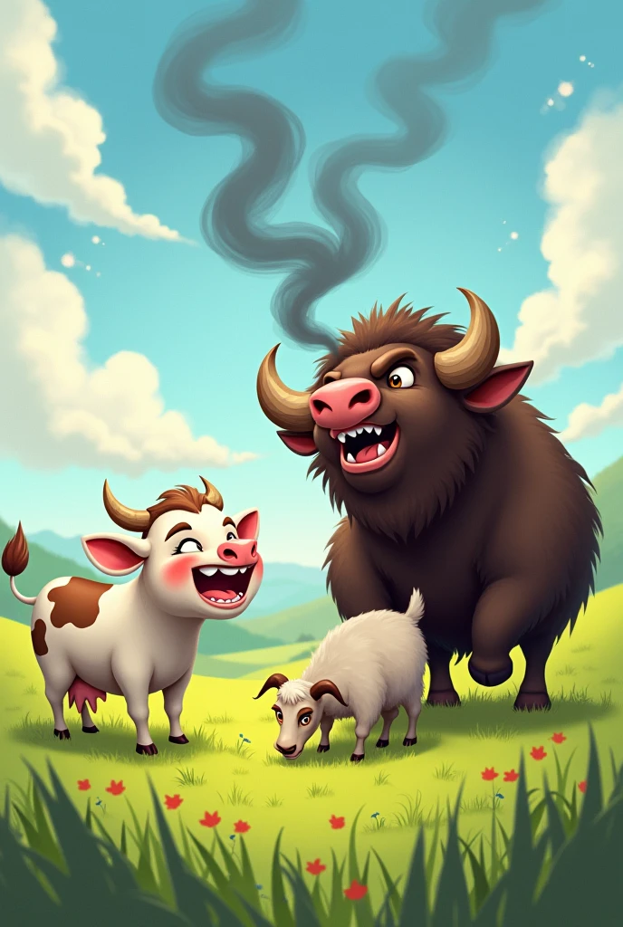 Drawing of a smile cow with angry buffalo with smoke come out from nose and goat eating grass