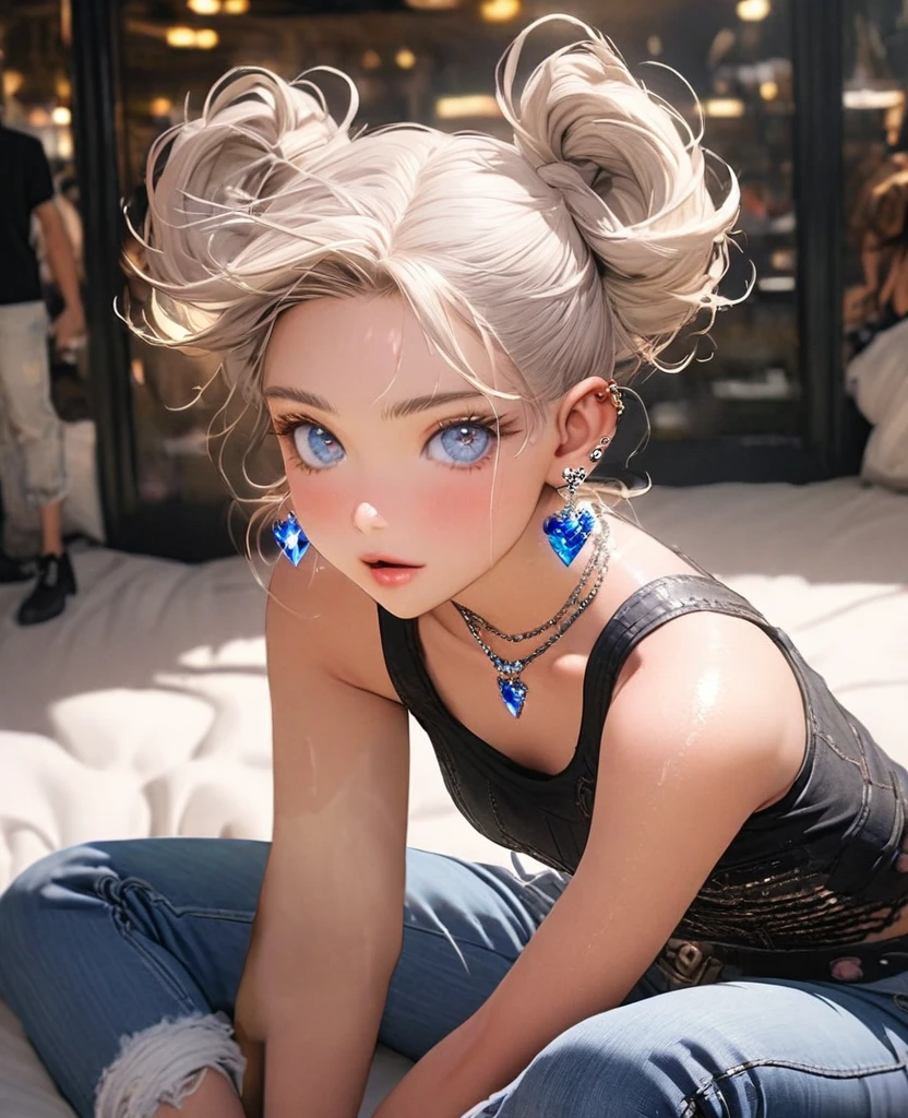 8K,gal,an extremely delicate and beautiful,Beautiful and realistic skin,Shiny jewel-like earrings,Bedhead,like glitter white hair,,beautiful eyes,Fashion Model,full body,tanktop,jeans