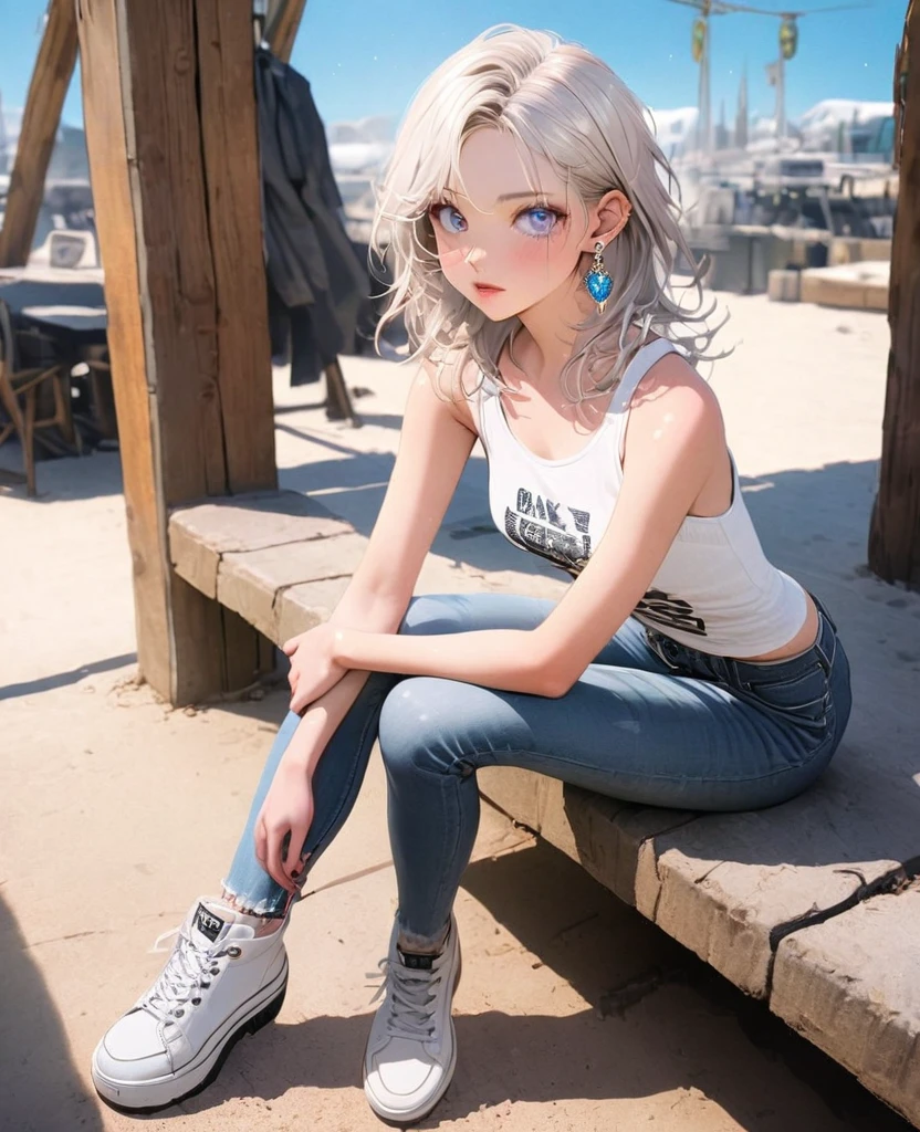 happy attractive young girl, black jacket, white t-shirt, blue shorts, white sneakers, black and blue short hair, closed red lips, sitting, calmly looking at the sky