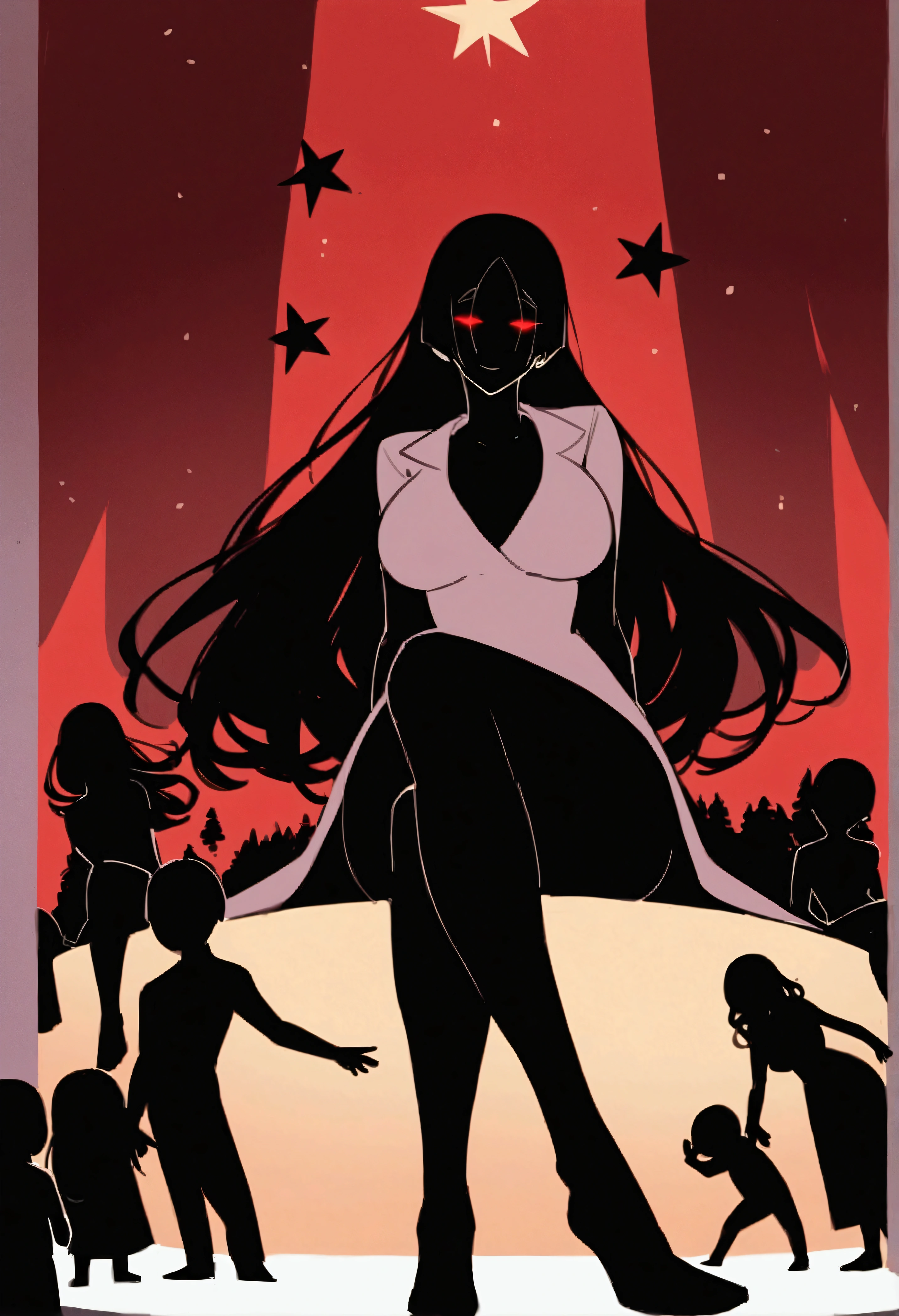 masterpiece、Highest quality、One mature woman、Raikou、A motherly smile、(silhouette:1.1), Long Hair, Glowing Eyes, forest, star (null), throw, Red background, (Crossing your legs:1.3),