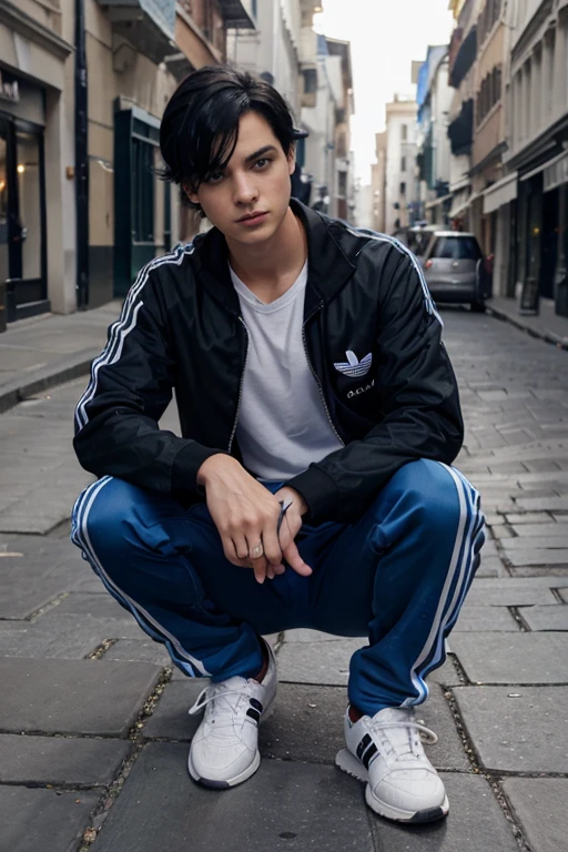 A very rich boy black hair, blue eyes wears a cloth of adidas with a lamberginy and iPhone