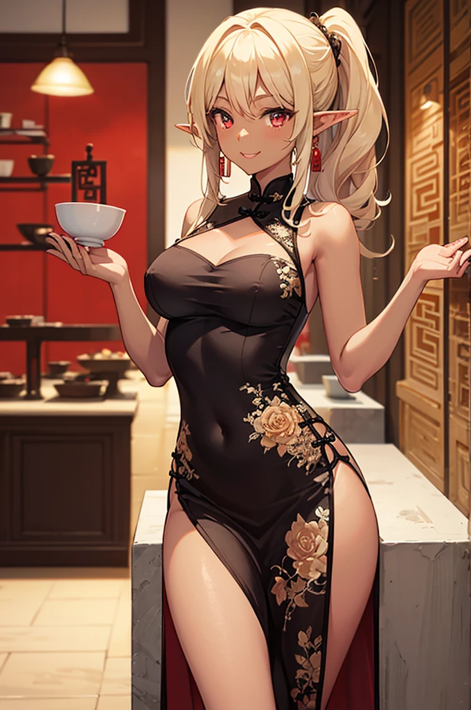 Beautiful images,Detailed Images,Official image,(Chinese restaurant background),One Woman,Blonde,Red Eyes,Ponytail Hair,Model body type,(Dark Skin:1.3),Elf Ears,Large Breasts,(China dress:1.3),Smile small,