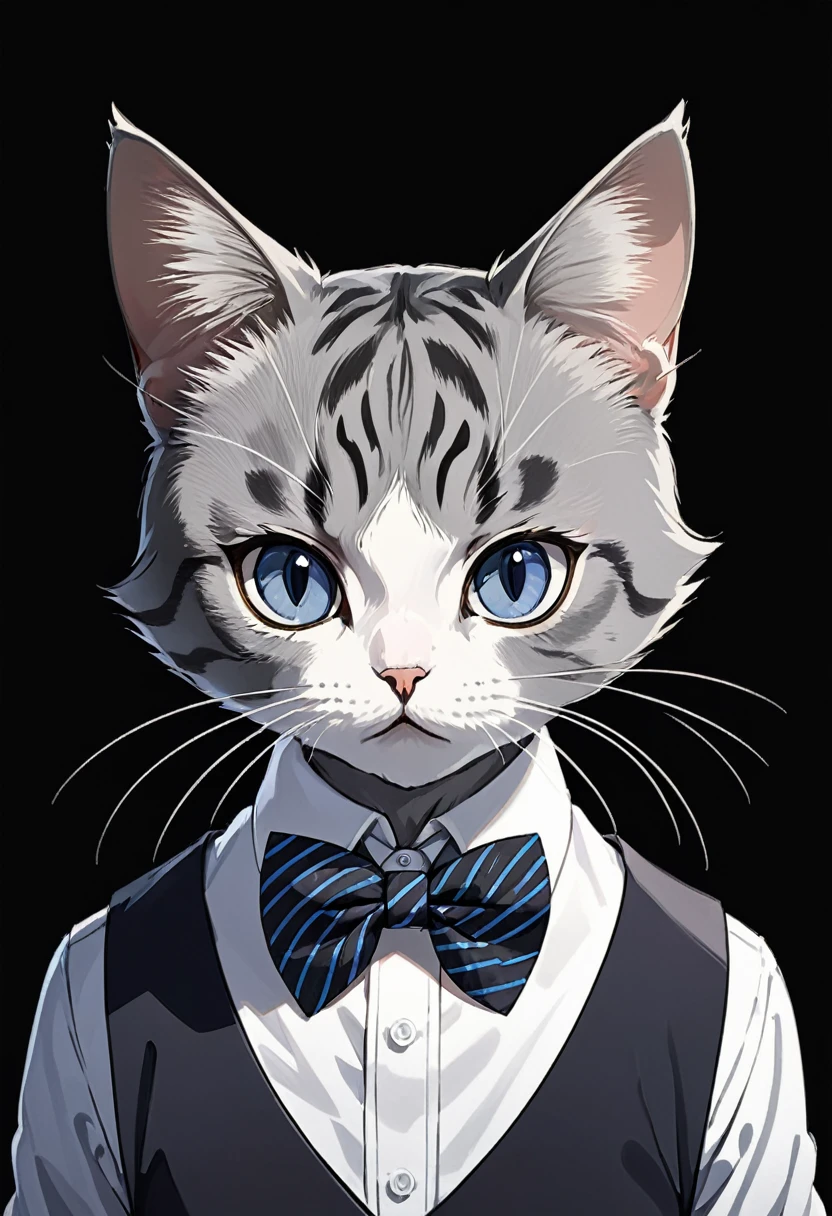 A chic cat, Black and grey stripes, Wearing a blue and white polka dot bow tie, Serious expression, Black background, expressionless, anime, best quality