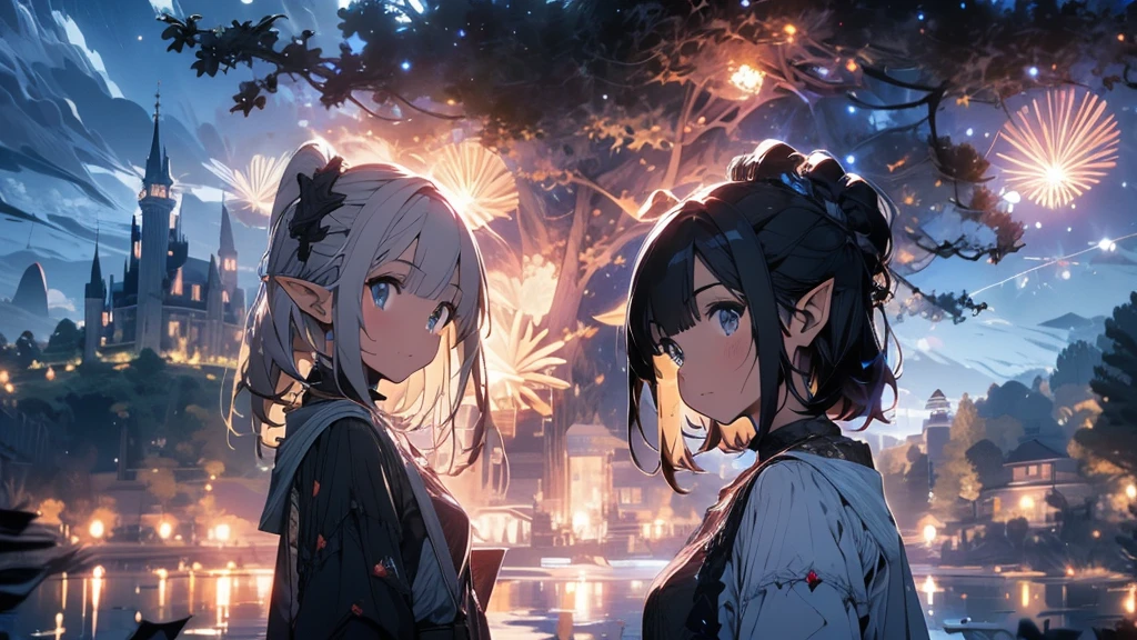 There are many fireworks in the night sky. On the other side of the lake is a castle. In the foreground, an elf is looking up at the fireworks with a black cat. The elf has short-cut white hair.