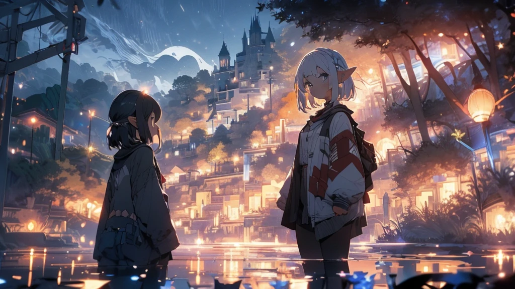 There are many fireworks in the night sky. On the other side of the lake is a castle. In the foreground, an elf is looking up at the fireworks with a black cat. The elf has short-cut white hair.