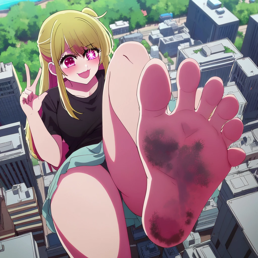 1 girl, oshi no ko, ruby hoshino, stepping, stepped on, pov, angle from above, no shoes, feet, looking down, toes, one, leg lift, foot focus, barefoot, standing on one leg,  depth of field, outdoors,( foreshortening:1.2), facial blur, blurry face, building, city, sky, cloud, giantess, mega size, masterpiece, best quality, absurdres, ultra detailed, confident look, rampage, (smirk:0.6) blonde, 6 pointed star pupil on right eye, five toes, detailed star pupil, full body shown, stinky feet, extremely dirty feet, detailed dirty feet, detailed full body, crushing a city with bare foot, a panel of her laughing at the side, 5 toes only, high quality, not out of frame, detailed eyes, the shape of a perfect foot, the shape of perfect legs, perfect body shape, 5 finger, ultra detailed feet, foot fetish, divine, only 5 toes each foot, bigger than earth 