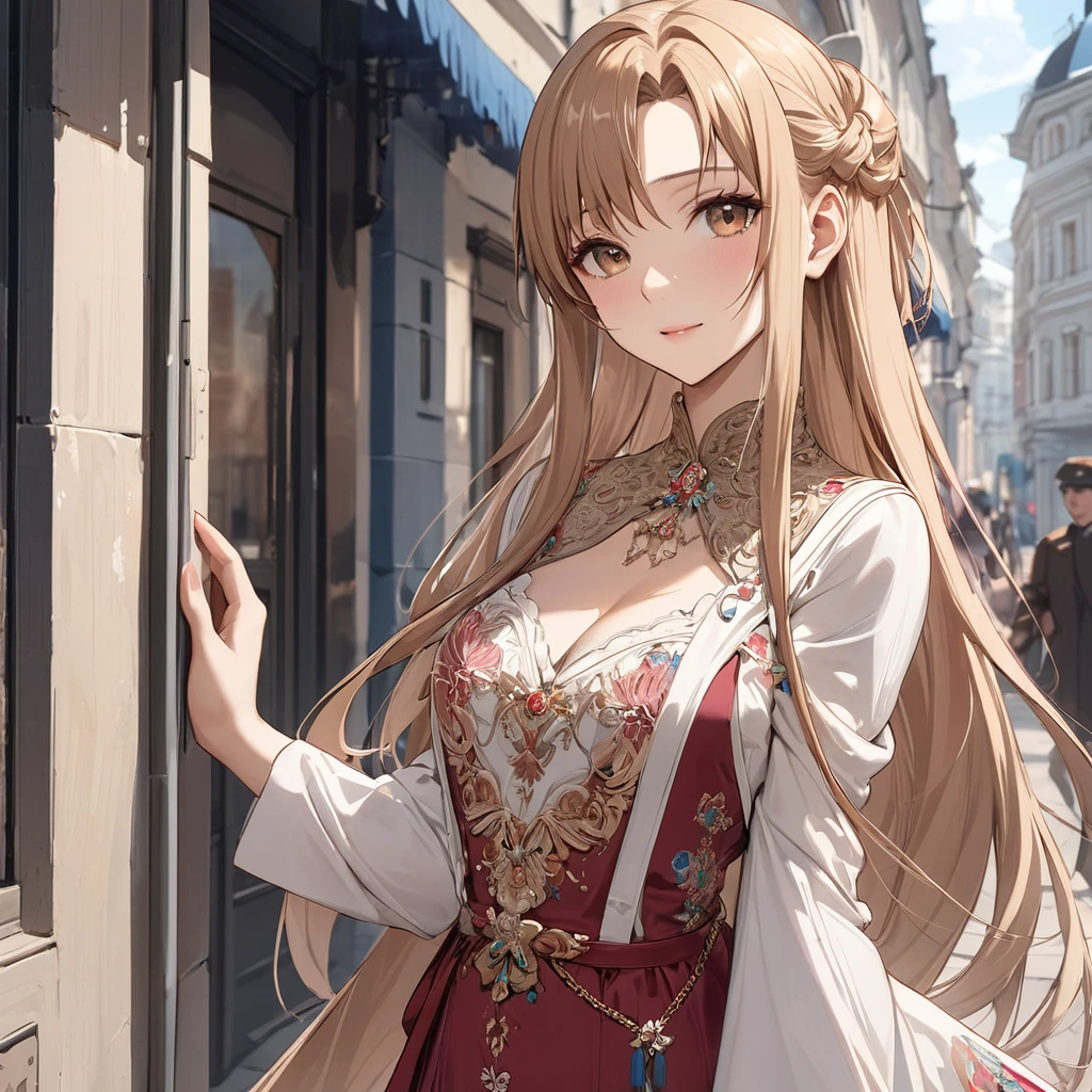 ((Highest quality)), ((masterpiece)), (detailed), (Perfect Face)、The woman is Yuuki Asuna, a Russian with light brown, semi-long hair.、In the streets of Russia, women are beautifully dressed in everyday Russian clothing and luxurious accessories.