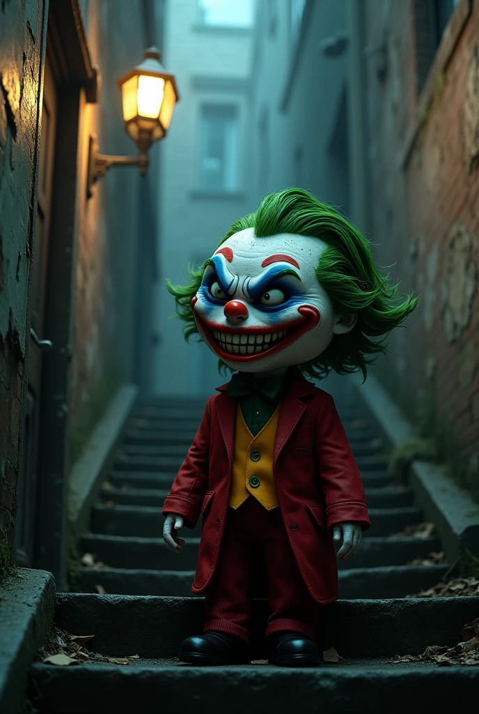 Crie o emoji peepo como se fosse o joker no cenario da escada que aparece no filme "joker"