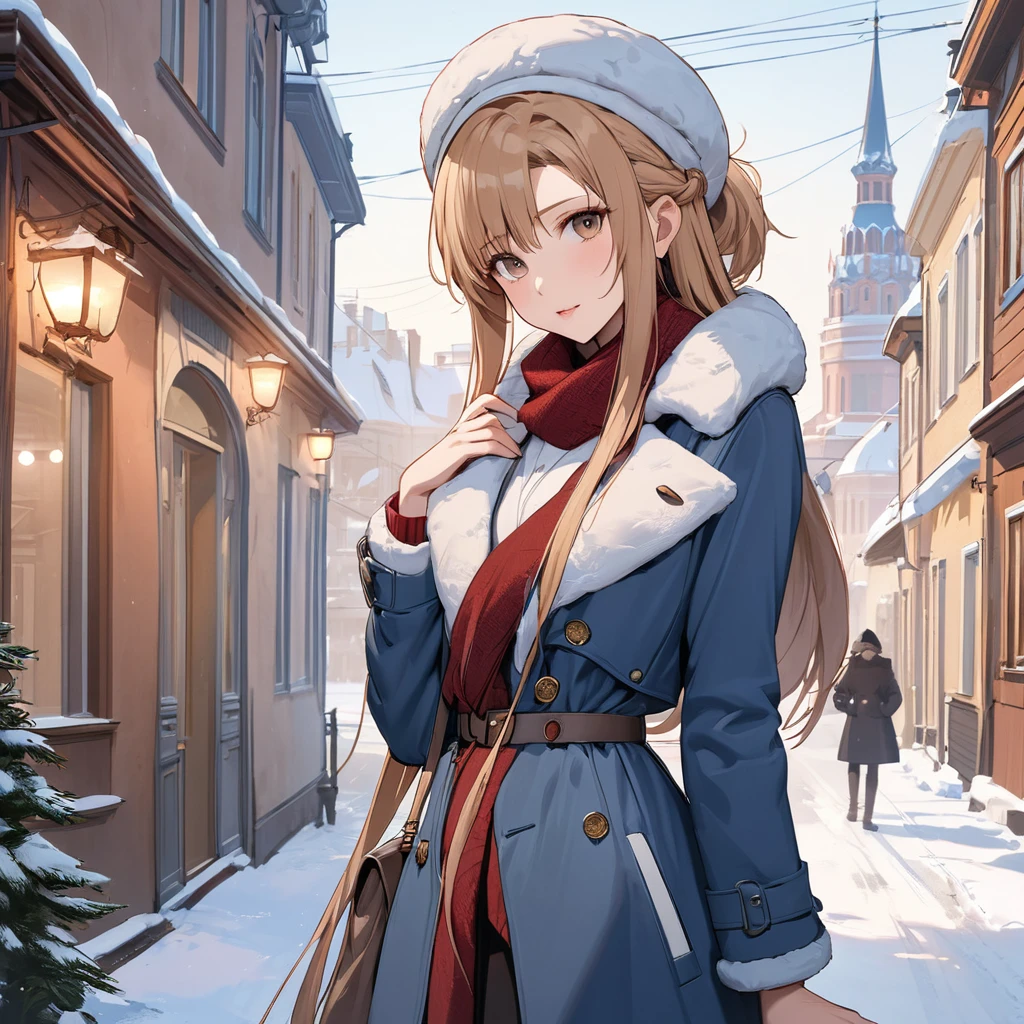 ((Highest quality)), ((masterpiece)), (detailed), (Perfect Face)、The woman is Yuuki Asuna, a Russian with light brown, semi-long hair.、In a Russian city in winter, a woman is beautifully dressed in everyday Russian winter clothes, a Russian hat, and luxurious accessories.