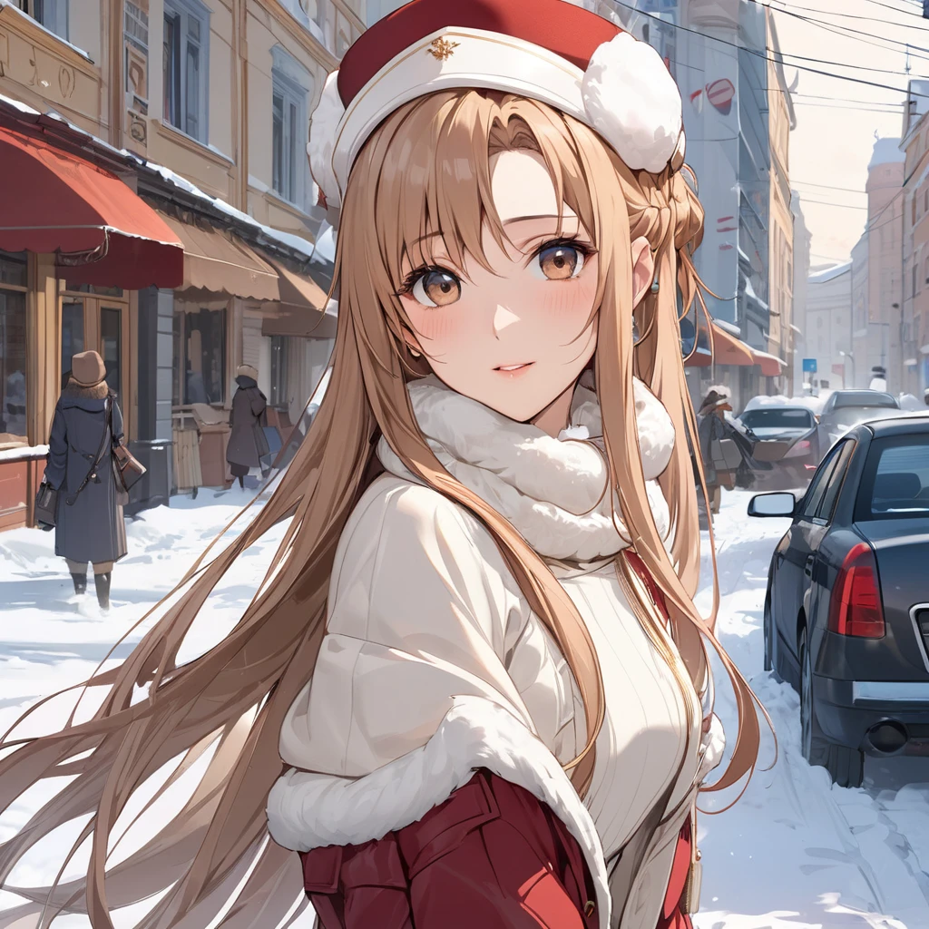 ((Highest quality)), ((masterpiece)), (detailed), (Perfect Face)、The woman is Yuuki Asuna, a Russian with light brown, semi-long hair.、In a Russian city in winter, a woman is beautifully dressed in everyday Russian winter clothes, a Russian hat, and luxurious accessories.
