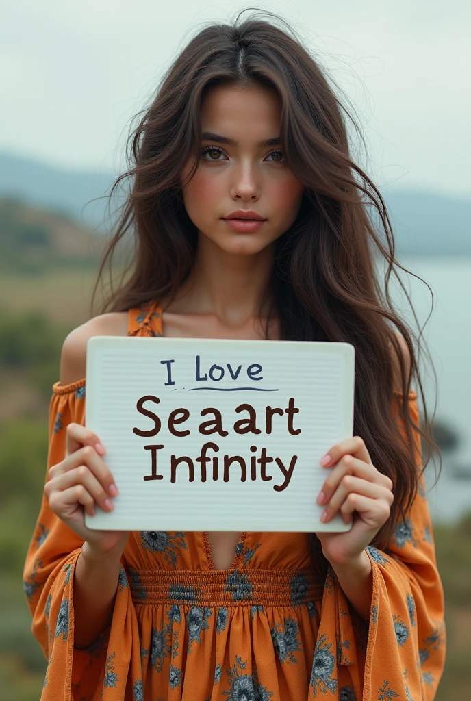 Beautiful girl with wavy long hair, bohemian dress, holding a white board with text "I Love Seaart Infinity" and showing it to the viewer