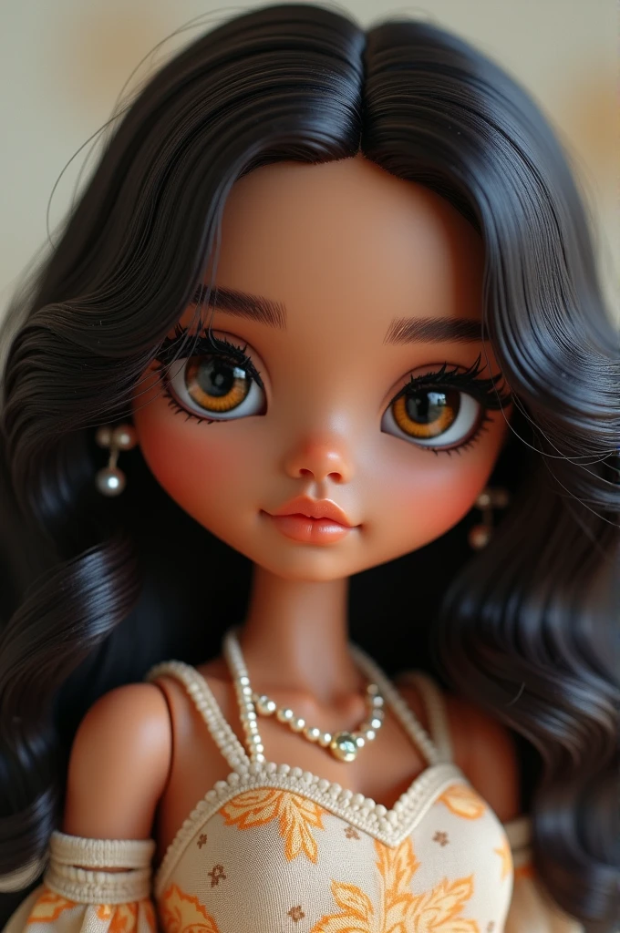 Blythe doll with south Asian medium brown skin, medium length lashes. wavy curls in hair