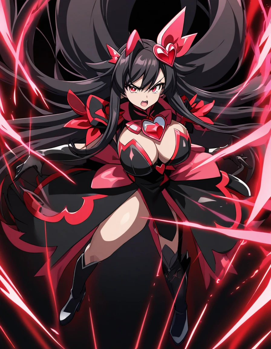 cure devil(magical girl, high tension, big breast, wing motif hair accessory, black long hair, red eyes, black long dress, black short boots, black opera gloves)