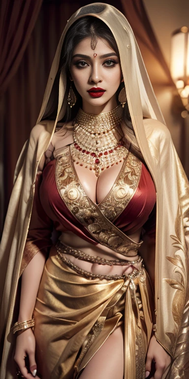 ultra realistic 8k cg, picture-perfect face, flawless, clean, masterpiece, professional artwork, famous artwork, cinematic lighting, cinematic bloom,
super realistic 8K, Perfect, clean , masterpiece, Professional artwork, famous artwork, face perfect,
43yo girl, solo, alluring step mom,(sexy Bangladeshi women:1.2),
beautiful woman,very sexy appearance, seductive , rosy cheeks, smooth skin,
huge breasts, smooth face, detailed face, smooth skin,shiny skin,highly detailed face, detailed face, perfect proportions, well-proportioned body of six heads, huge breasts, thin waist, navel, big butt , crotch gap, large thighs,mature,toned legs, long neck, big ,detailed hair, ,detailed breasts, slim waist,beauty, long eyelashes, hourglass body, juicy lips,Beautiful expression, beautiful eyes,
Looks good with straight long hair,
Black hair, long hair, silky hair, detailed bangs, (hair between eyes:1.2),detailed eyebrows,
(hourglass body:1.3), ultra detailed, best illustrated, showing off, seductive_pose, sexy eyes,full-body_portrait, Intrinsic exquisite details of (eyes, hair, skin, face, hands, fingers, anatomy), stunning otherworldly beauty, sexy pose,
((wearing full sleeve red wedding saree,dark red colored hijab with golden embroidery)), thigh high stockings,(long eyelashes,double eyelids),(red eyeshadow,silver eyeliner,golden masacara),Full lips,(bright red lipstick:1.3),
belly jewelery,bridal diamond(necklace, ear_rings,tiara,nose rings),perfect fingers and nails, red_fingernails, golden ratio, seductive_pose, big_boobies,deep cleavage,
,professional photoshot, incredibly beautiful woman in the form of a 'Desi Bride', elegant wild beauty and attractiveness, seductiveness and inaccessibility, beautiful, photoshot for Vogue magazines, sensual, ultra detailed, ,mature female,1 girl,cowboy_pose,naughty, (iu:0.8),cleavage,