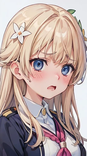 1 female,blonde,12 years old ,((Annoyed expression)),Beautiful breasts,,Large Breasts、naked、Nipples、(())(((blush、Surprised expression)),((())),((( Portraiture))),blue eyes,(((The bangs are uniform)))()street,crowd(Magical Girl Hair Ornament)