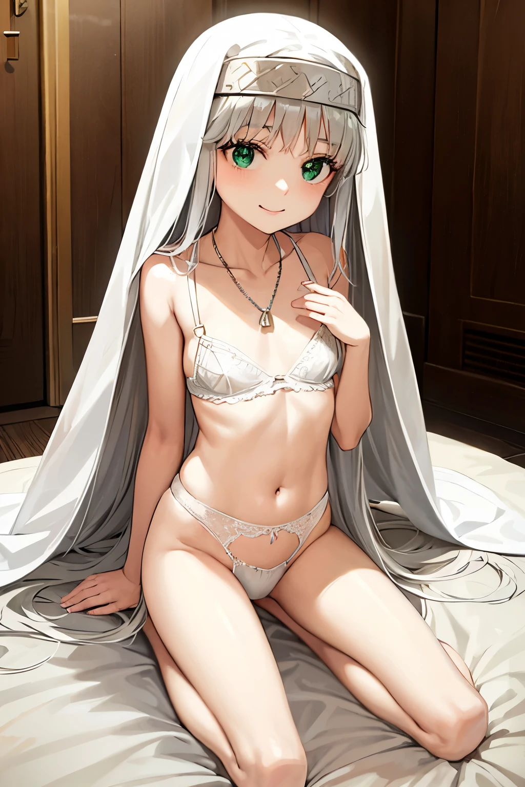 Long silver hair, green eyes, headband, necklace, nun, lingerie, flat chest, beautiful thighs, smile, happy, inside house