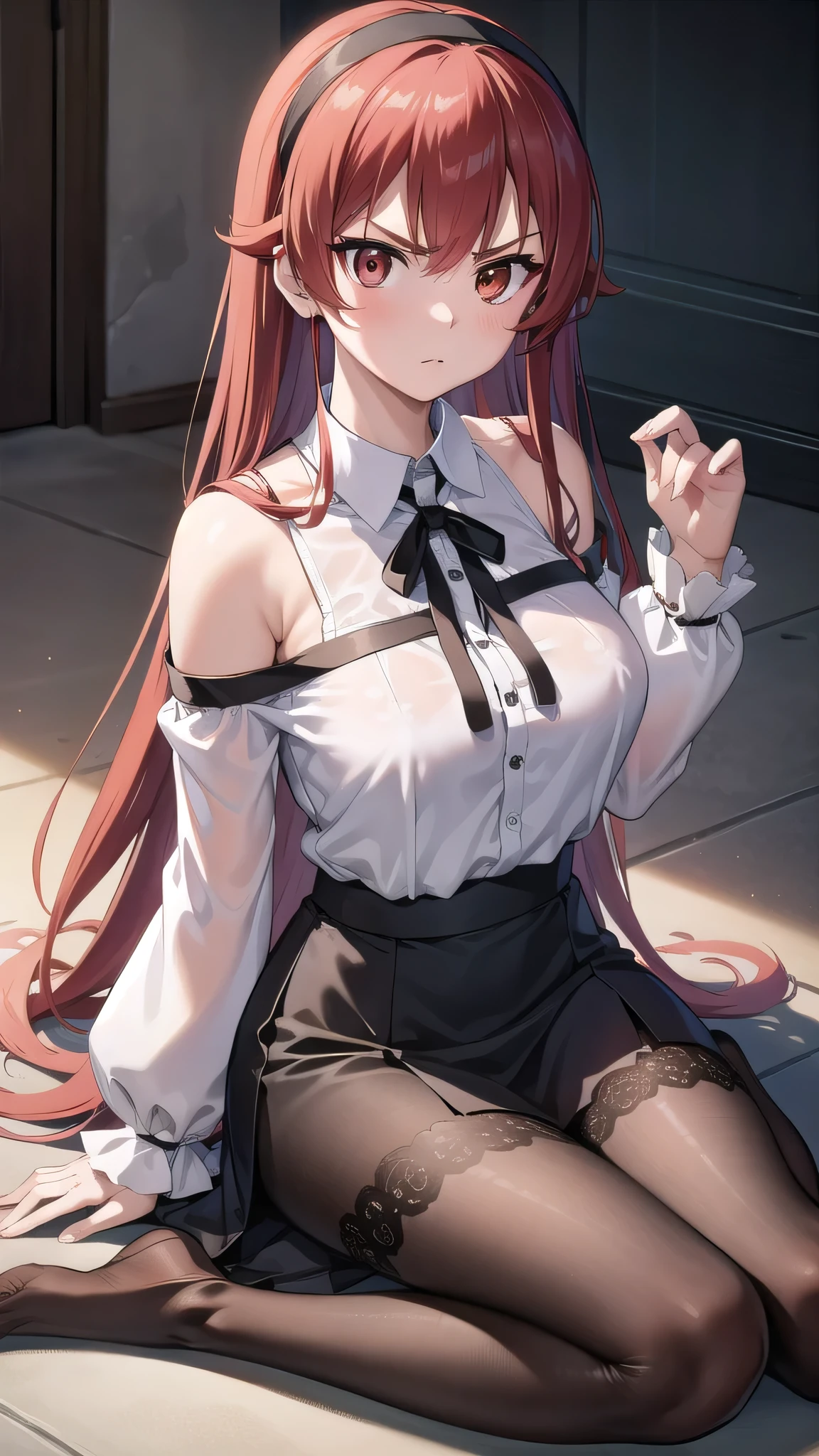 BREAK looking at viewer, BREAK (masterpiece:1.2), best quality, high resolution, unity 8k wallpaper, (illustration:0.8), (beautiful detailed eyes:1.6), extremely detailed face, perfect lighting, extremely detailed CG, (perfect hands, perfect anatomy),outdoor,castle,in middle,road,mansion,eris greyrat, ahoge, hair between eyes, long hair, (red eyes:1.5), red hair, sidelocks, (medium breast:1.2),bare arms, bare shoulders, black hairband, black ribbon, brown skirt, hairband, long sleeves, neck ribbon, pantyhose, ribbon, shirt, shoulder cutout, skirt,stockings, white shirt, wide sleeves,cleavege,neckline,nipples see through,nipples,unbuttoned shirt,open shirt,showing bra,sitting in front,cross legs,full body,angry face,pantyhose,
