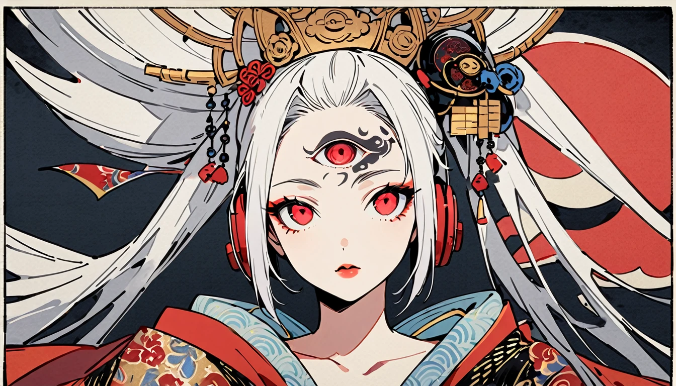 Ink painting, (((1 girl))), (((Tattoo in the middle of the forehead))),(((In the background is the Akatsuki moon))), (((Oiran))), (((Great hair accessories))), Japanese style headphones, Demon possession, ,Third eye lengthwise,(((Red eyes with an inscription inside them))),Face up close, Japanese beauty, White hair, Sensitive and precise, Modern Ukiyo-e style