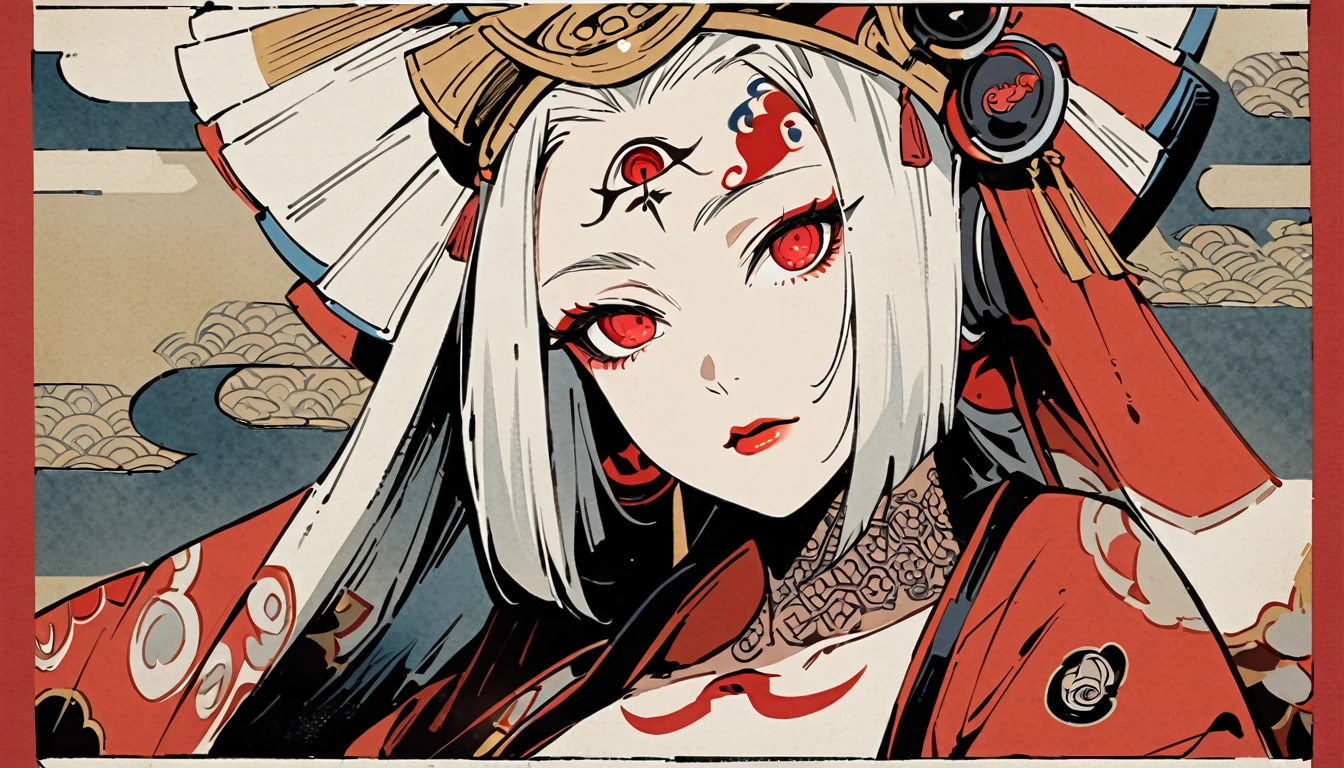 Ink painting, (((1 girl))), (((Tattoo in the middle of the forehead))),(((In the background is the Akatsuki moon))), (((Oiran))), (((Great hair accessories))), Japanese style headphones, Demon possession, ，Third eye lengthwise，(((Red eyes with an inscription inside them))),Face up close, Japanese beauty, White hair, Sensitive and precise, Modern Ukiyo-e style