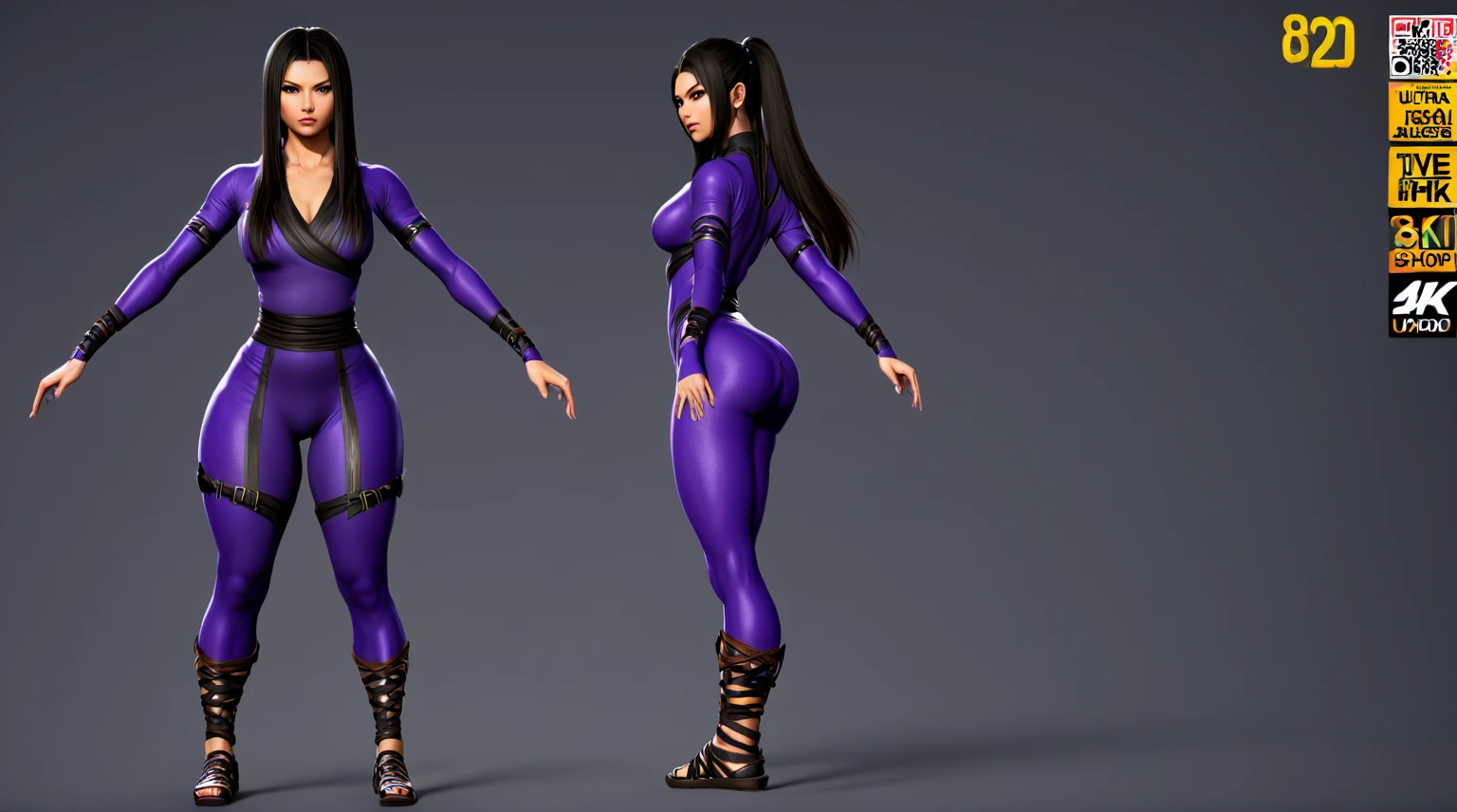 kunoichi, amazoness, bodysuit, slim, curvy, fit, concept, long hair, 3d, game character, ultra-detailed, Score_9, score_8_up, detailed face, detailed outfit, high quality, high detail, 8k, uhd