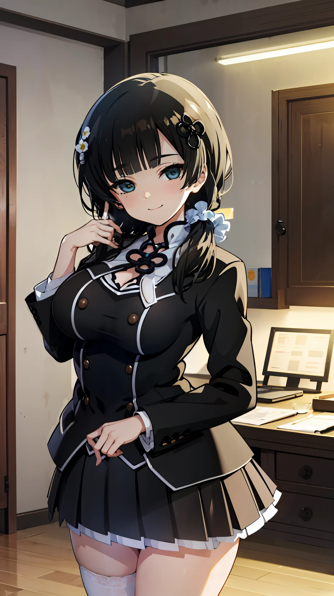 masterpiece, best quality, absurdres , perfect anatomy ,wang yujia, Black hair , smiling , (((busty))),1girl, sensual body, Her cheeks flushed ,blouse , blazer , skirt , school