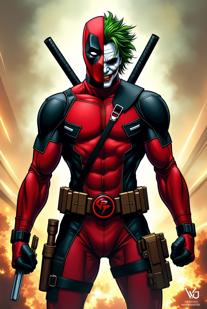 Marvel style comic book cover with a character half Deadpool half Joker