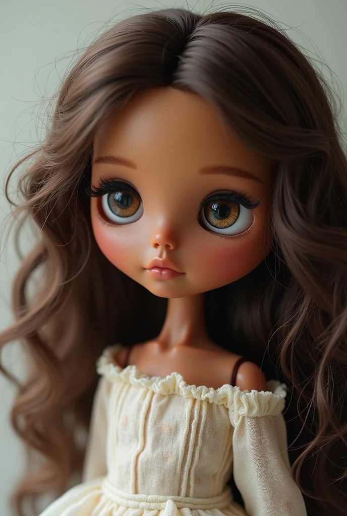 Blythe doll medium brown skin, medium length lashes. Long wavy curls in hair