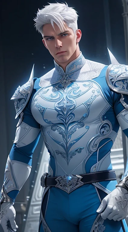 quarter body photorealistic handsome hunky masculine Estriker white haired Young Jack, unreal engine, extremely attractive male wearing powder blue and white micro scales transparent mesh bodysuit with gloves and belt, ,,extremely masculine physique, intricately detailed metal body armour, super bulge, realistic skin, short tousled hair, fantasy background. powers: ice manipulation,, in action,,