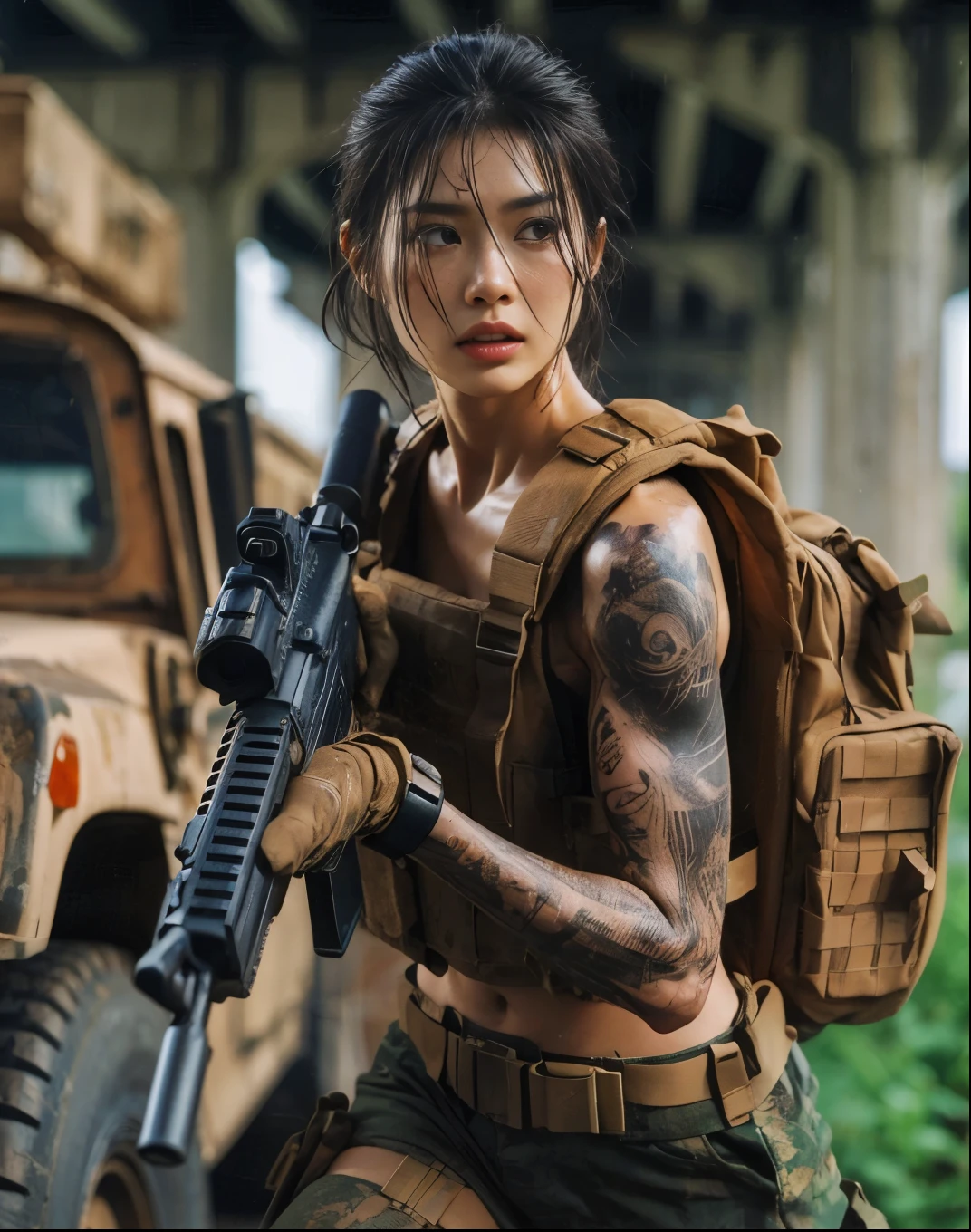 8k,Realistic Photo、Realistic Skin Texture、Superrealism、Japanese women in the U.S. military、Tattoo、Under the old bridge、Waste、Automatic rifle、Heavy equipment、after the rain、Covered in scars、It is dirty、muscle、The background is out of focus、Run while avoiding gunfire、Bullets at your feet、Desperate look、Scream、Dramatic Images、Sprinting Fierce Battle、Ace、Flying bullets