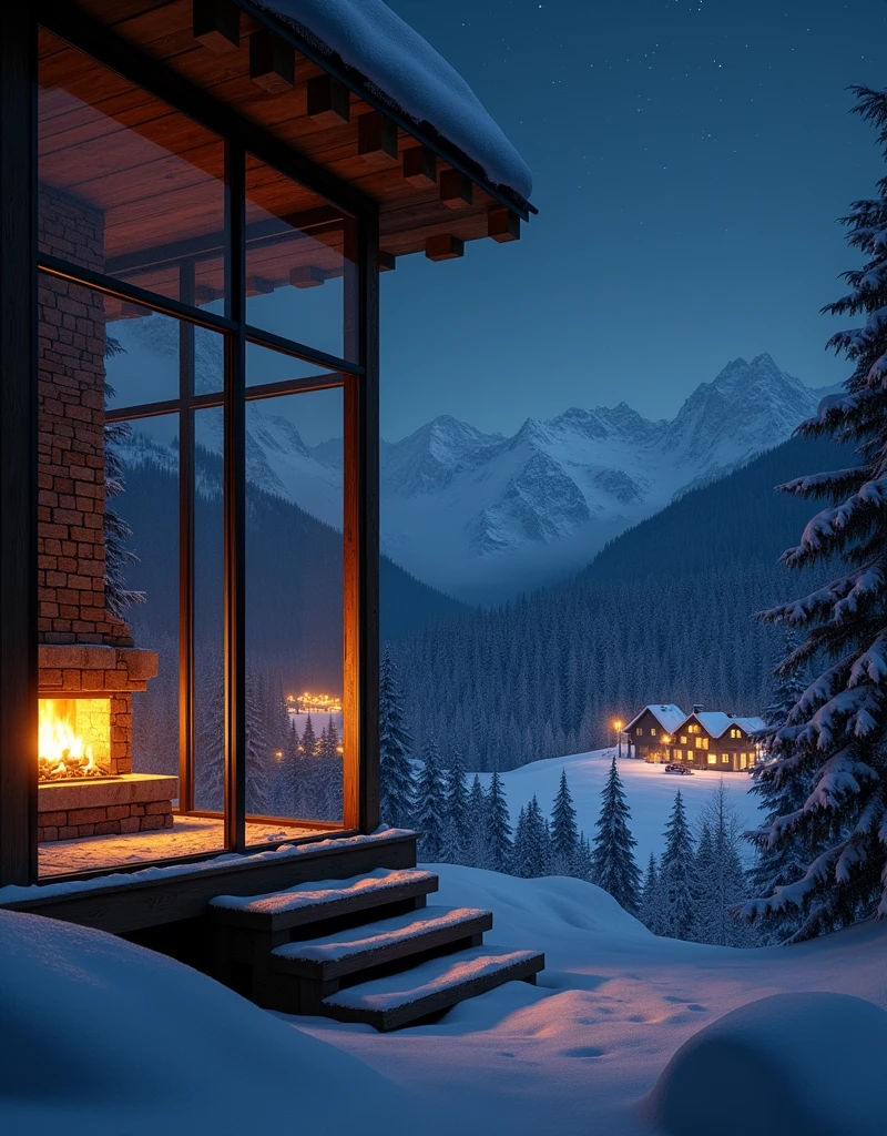   sky dark night .In night christmas. A bedroom in a wooden house made of glass triangular with a fireplace .overlooking outside the white snow in the mountain forest.In the distance, a few small houses lit up with Christmas lights in the forest