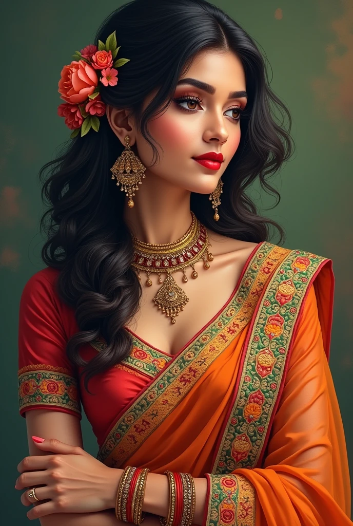 "An image of an Indian woman wearing traditional Indian attire such as a sari or salwar kurta. She is colourfully and beautifully embroidered, and has traditional jewellery such as earrings and bangles. Her