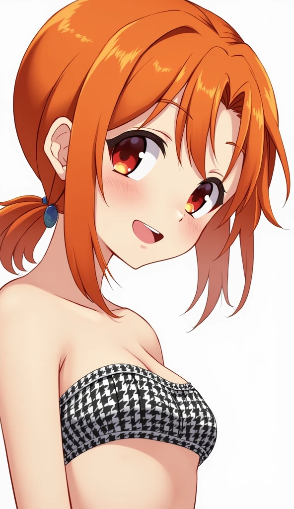 1 girl、anime painting、Orange Hair、Beautiful red eyes、Side Ponytail、Vibrant colors、black and white tube top bra、Gingham check tube top bra、My chest is a little visible、Grin、Open your mouth、From the side、Upper body close-up