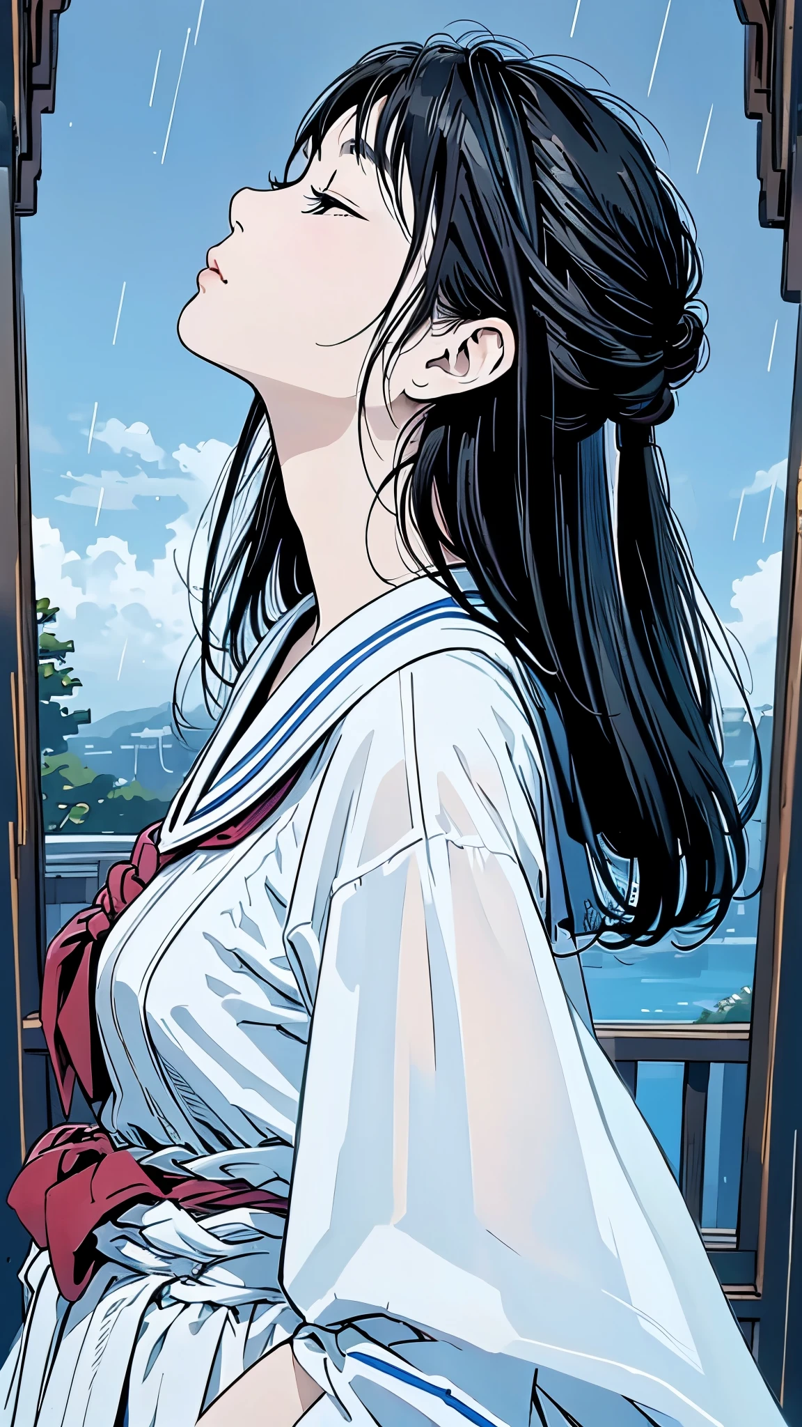 Master Painting、Highest quality、scenery、rain、woman、Very depressive、Black Hair、Looking up at the sky、profile、Upper Body、Sailor suit、Mid-chest、Japanese。