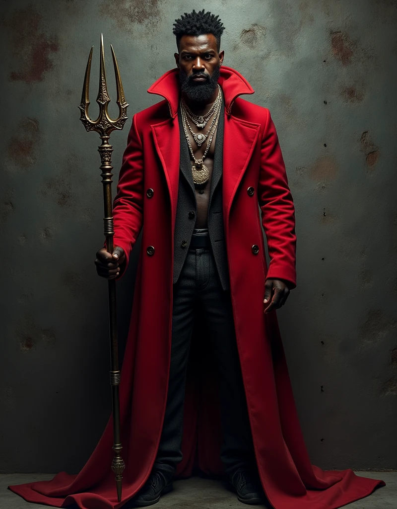 create black man, with a thin beard to shave, wearing a hat, wearing a red overcoat, Wearing necklaces, showing the whole body, with dark background in the texture of stones holding a trident