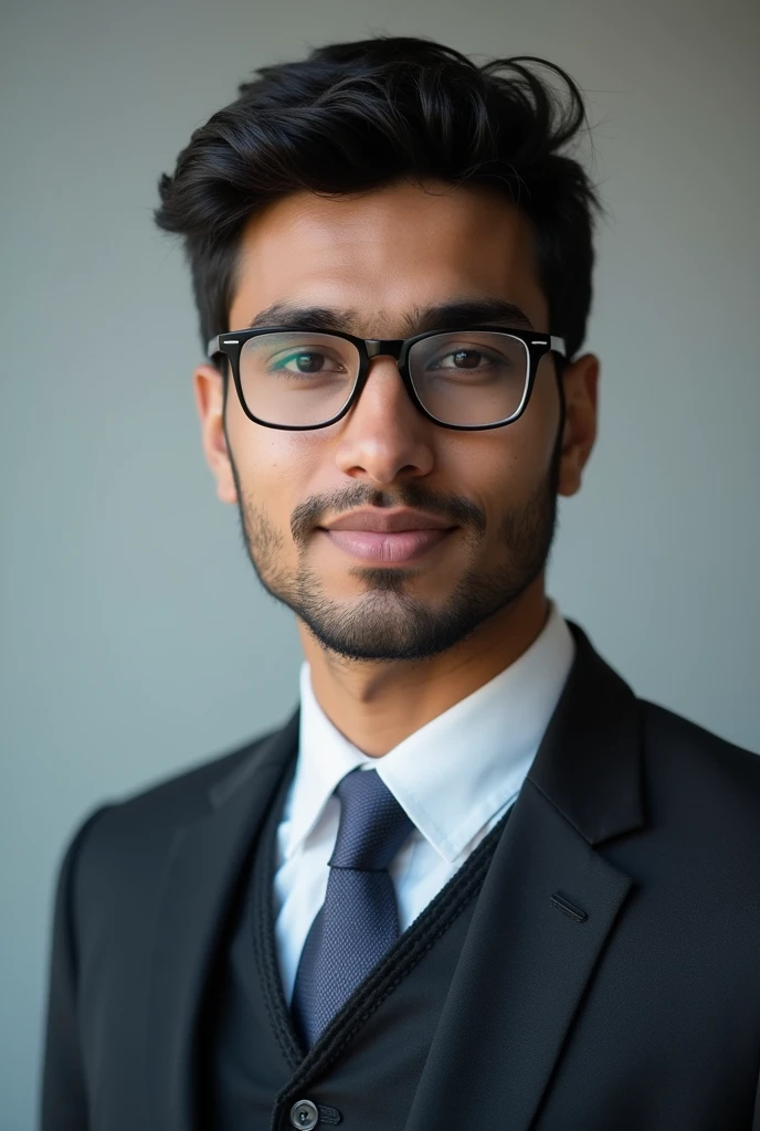 21 year old indian boy With fair skin Wearing spectacles and narrow body Posing for a linkedin picture in formals