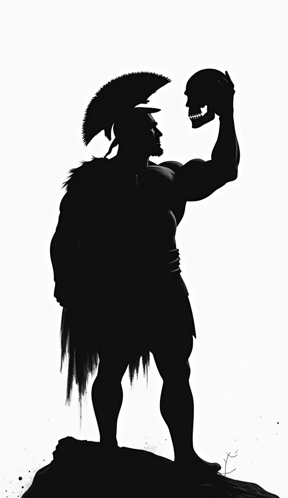 a spartan holding a skull with the drawing model only the silhouette 